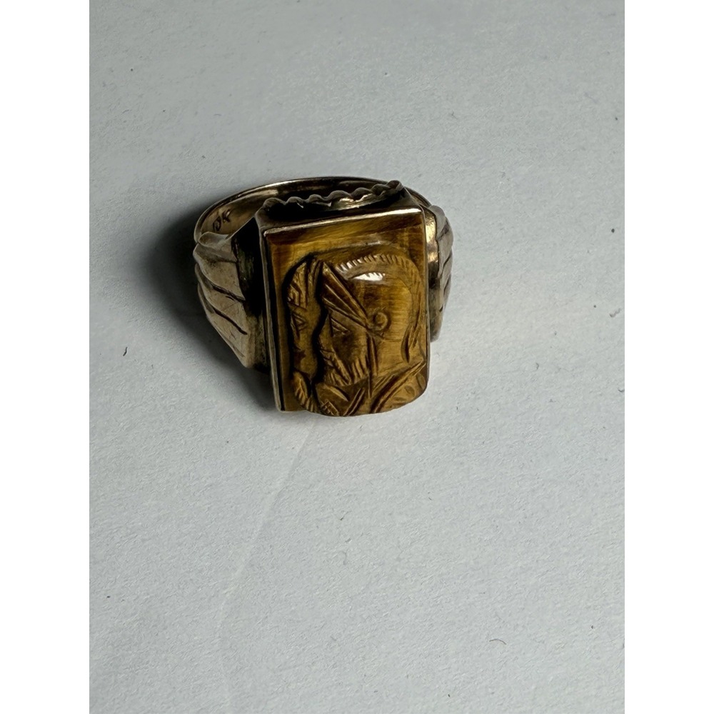 Vintage 10K Yellow Gold Tiger Eye Roman Warrior Cameo Intaglio Ring Sz 7 6g - Picture 8 of 10